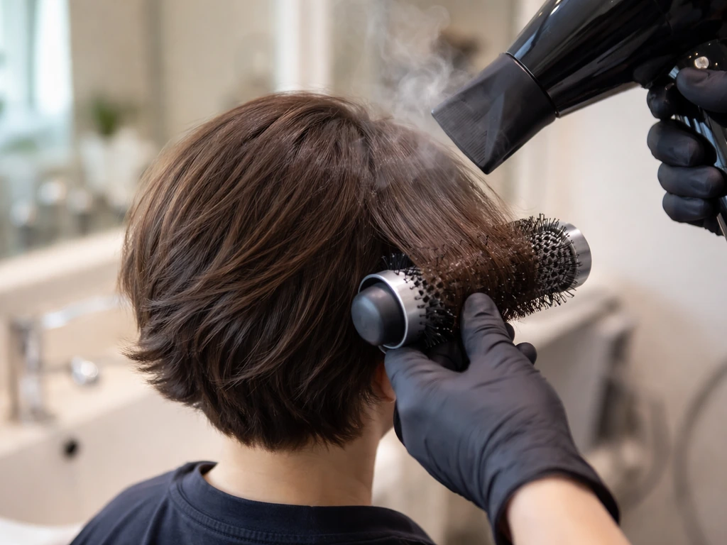 Round brush blow-dry showing polished curl-under ends on 4–7 inch hair