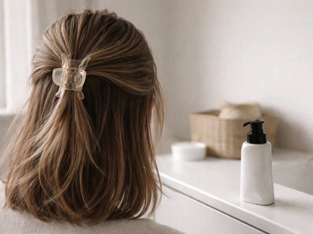 In-between hair pinned up with a claw clip next to a strong-hold gel/pomade applicator on a counter.