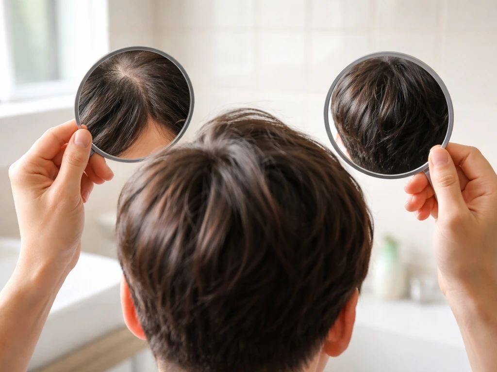 Person using two mirrors to check the back of their hair and shortest layers