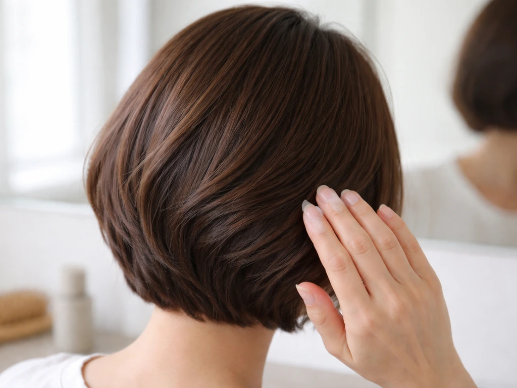 Someone smoothing back hair with a side part using a small amount of hair product in a bright bathroom.
