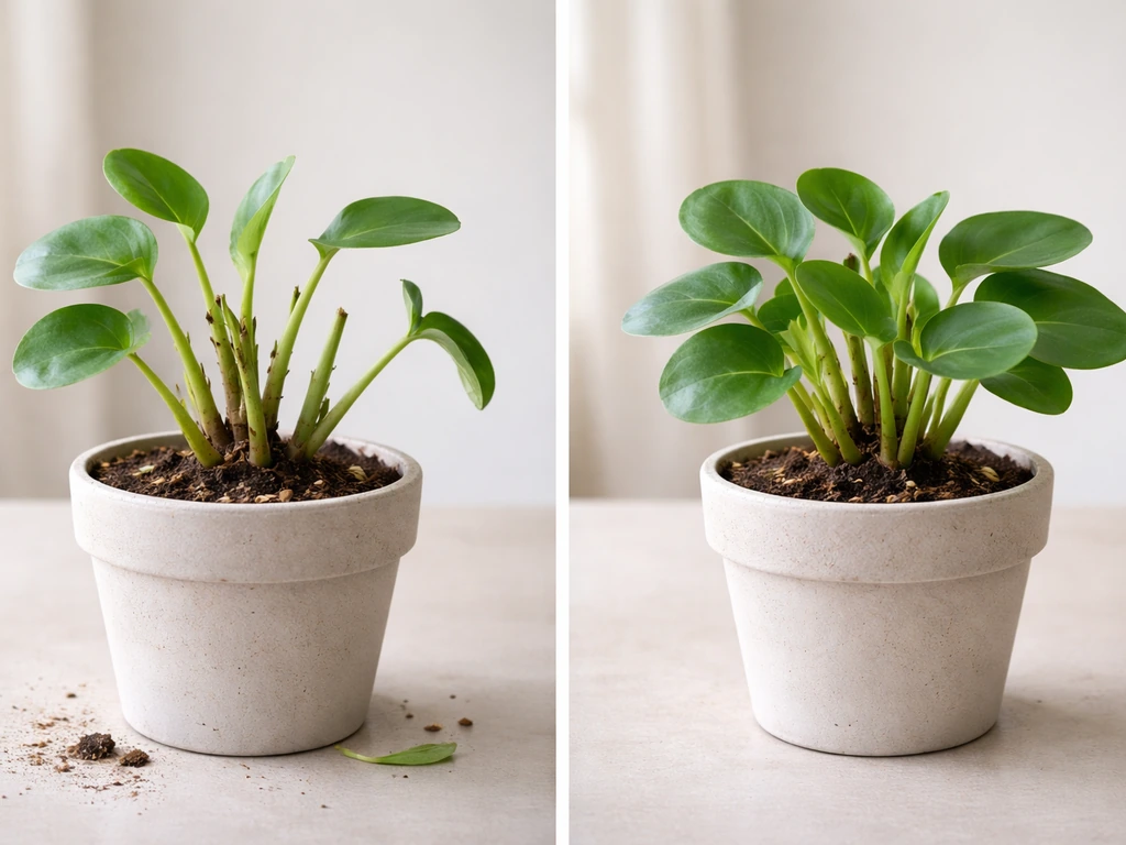 Split image concept: left side messy over-trim on a growing plant stack, right side healthy minimal maintenance growth.