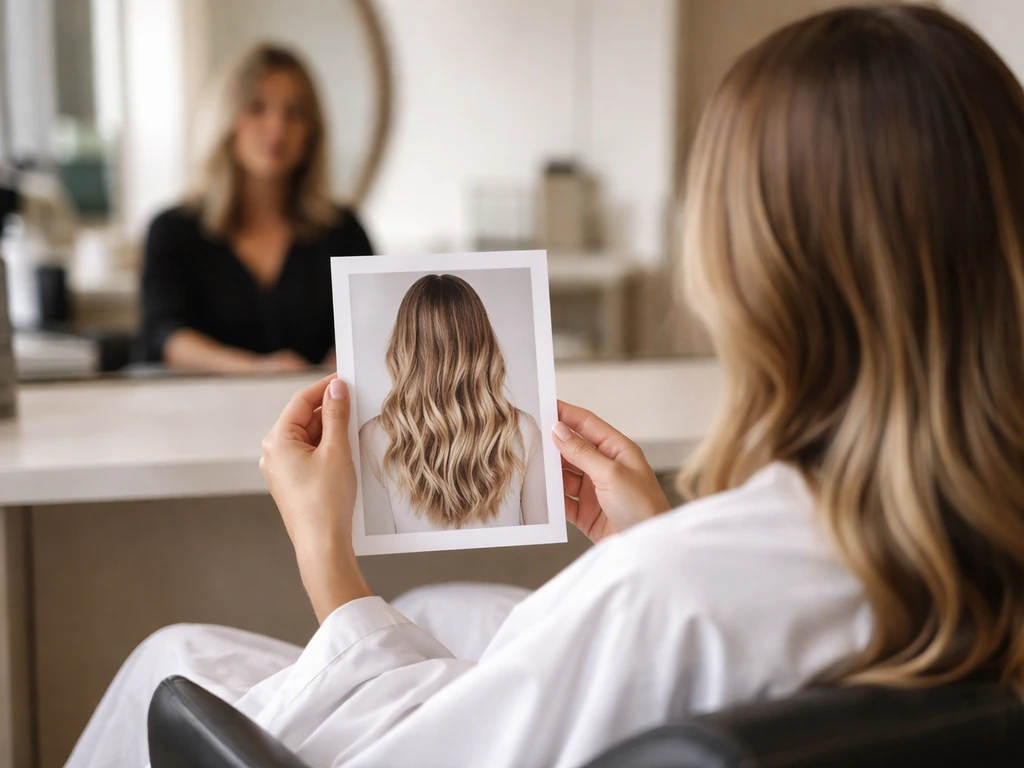 Client in a salon holds a printed hair photo while discussing a grow-out plan with a stylist.