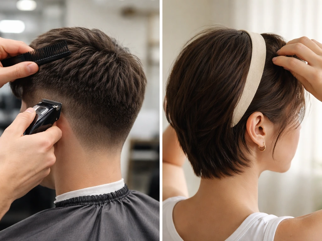 Split image shows anonymous short-hair styling: male with trimmer/comb, female with headband/clip, same length.