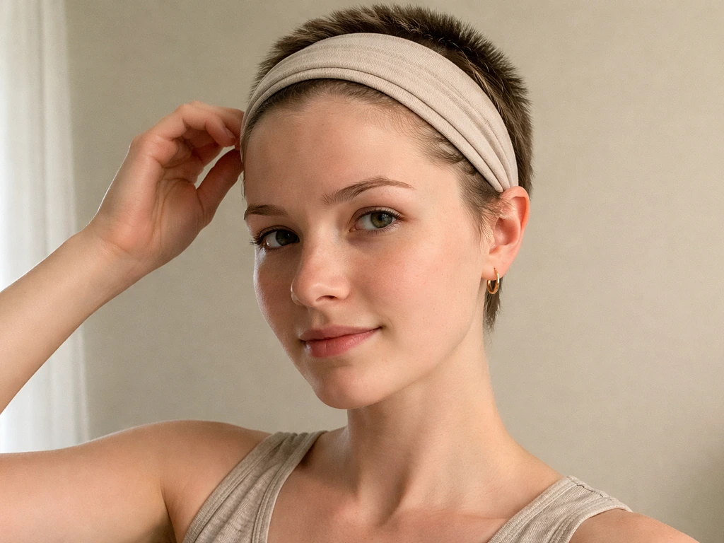 Anonymous woman styling short regrowth hair with a headband in soft natural light.