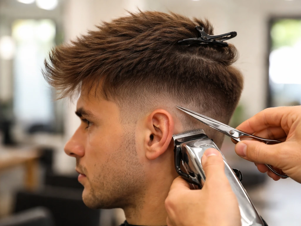 Close-up of a man’s hair about 1+ inch on top, longer sides being trimmed by a barber clipper at a salon station