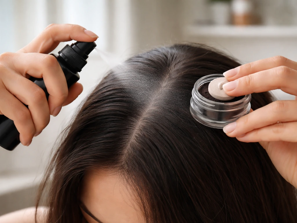 Anonymous hands spraying and dusting dark hair roots with a root cover spray and concealing powder.
