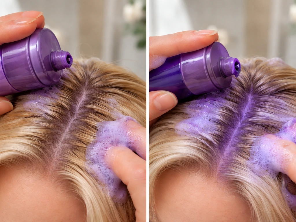 Hands applying purple shampoo foam to blonde roots, showing cooler toned roots versus brassy warmth.