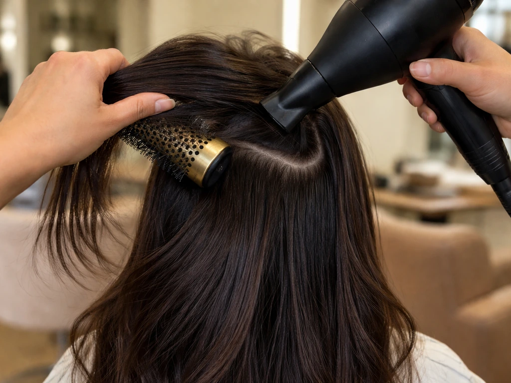 Hands blow-drying dark hair with a round brush to blend roots and soften harsh lines