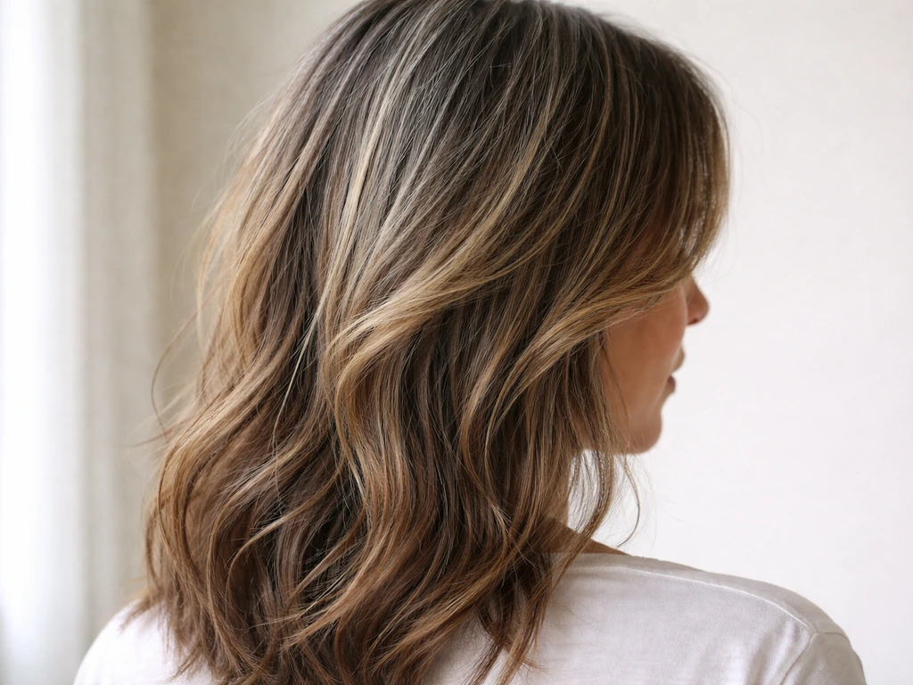 Front view of a person with medium-length hair showing grey grow-out blending from soft highlights