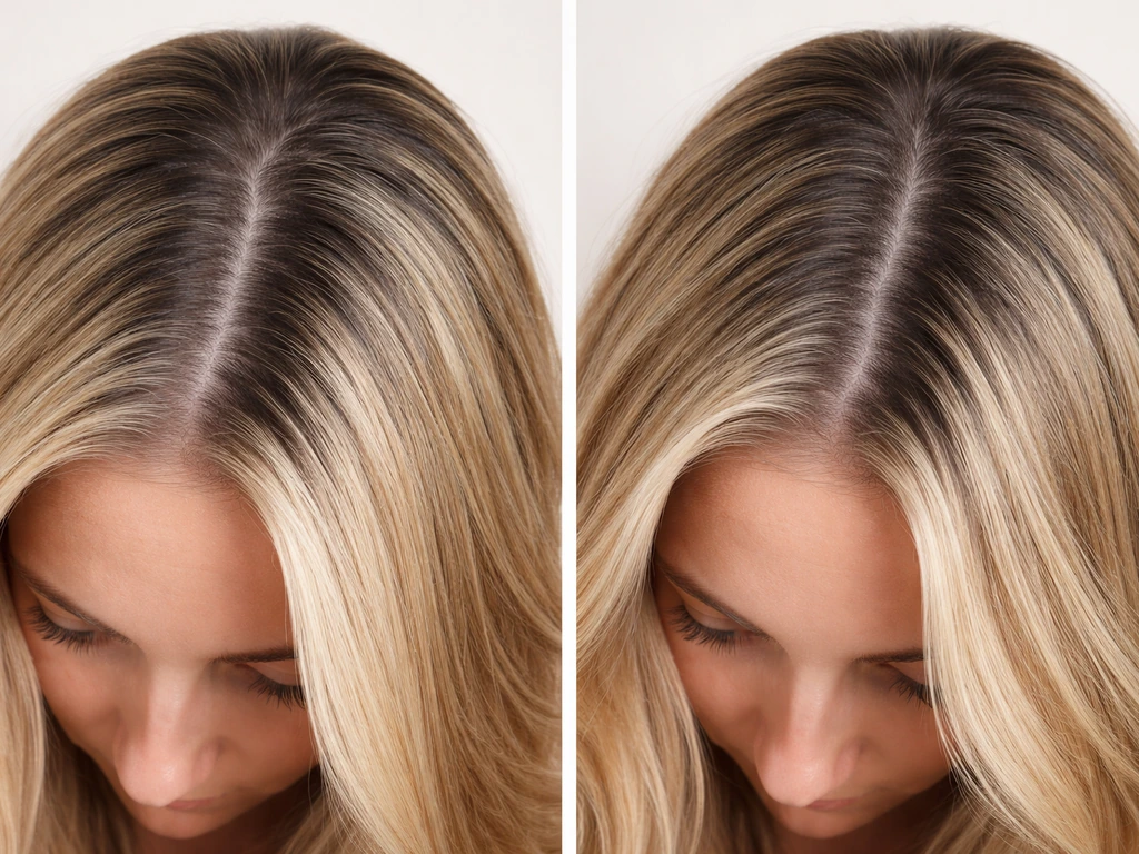 Hair split near the roots: a harsh demarcation line versus highlights that blend the grow-out line.
