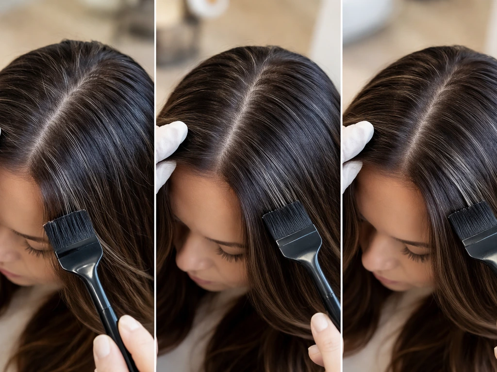 Close-up of hair partings showing temple, center stripe, and scattered grey strands with tint brush near roots.