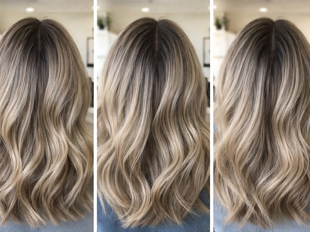 Three side-by-side close-ups of anonymous hair showing grey root increase and highlight blending over time.