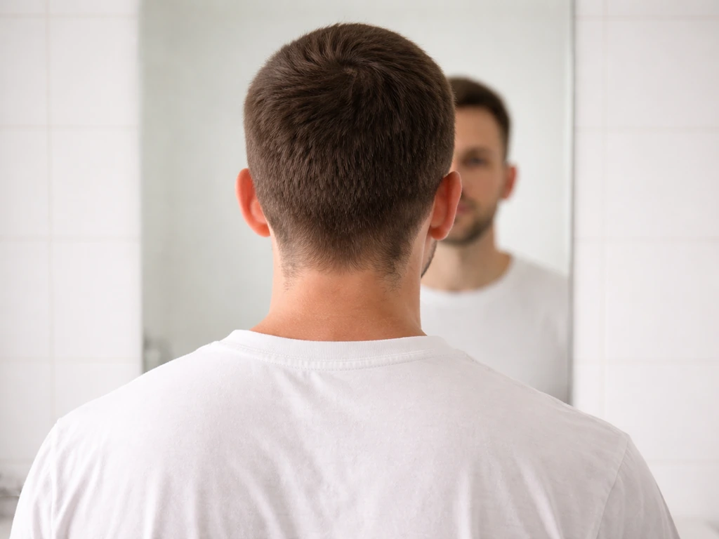 Man in a simple bathroom mirror shot showing the back-of-head hair growing out and neckline area.