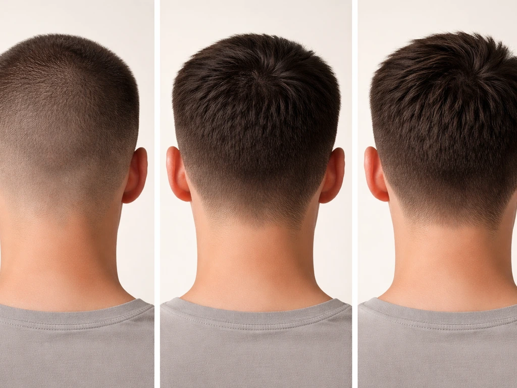 Side-by-side close-ups of back-of-head hair length stages on a neutral background