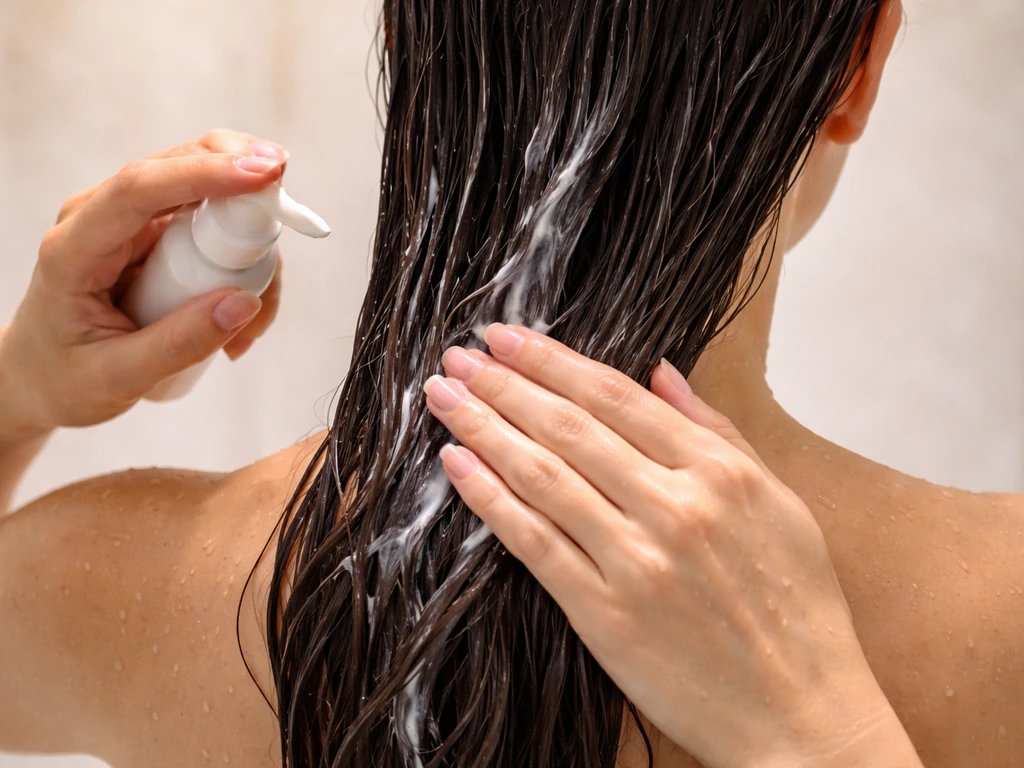 Hands apply creamy conditioner through freshly rinsed long hair, with wet strands and product in hand.