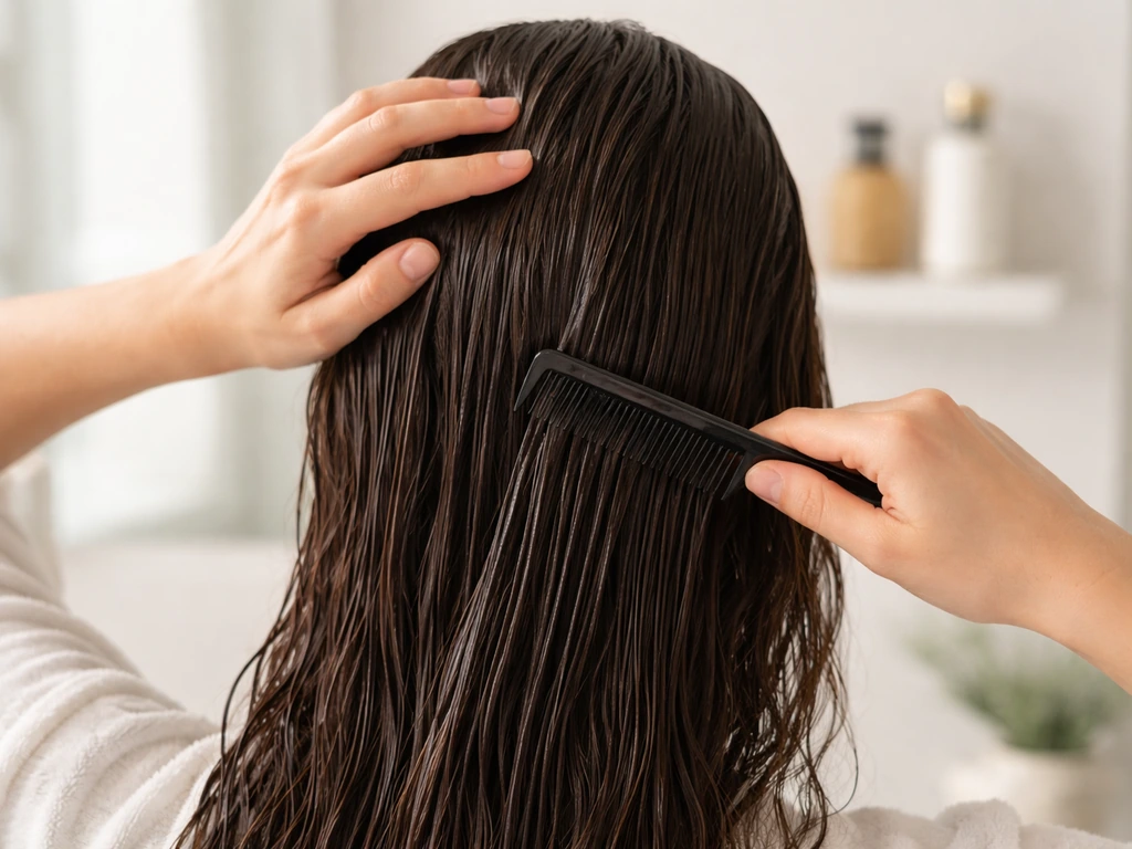 Person gently massaging and detangling freshly washed hair with a comb in a simple bathroom setting.