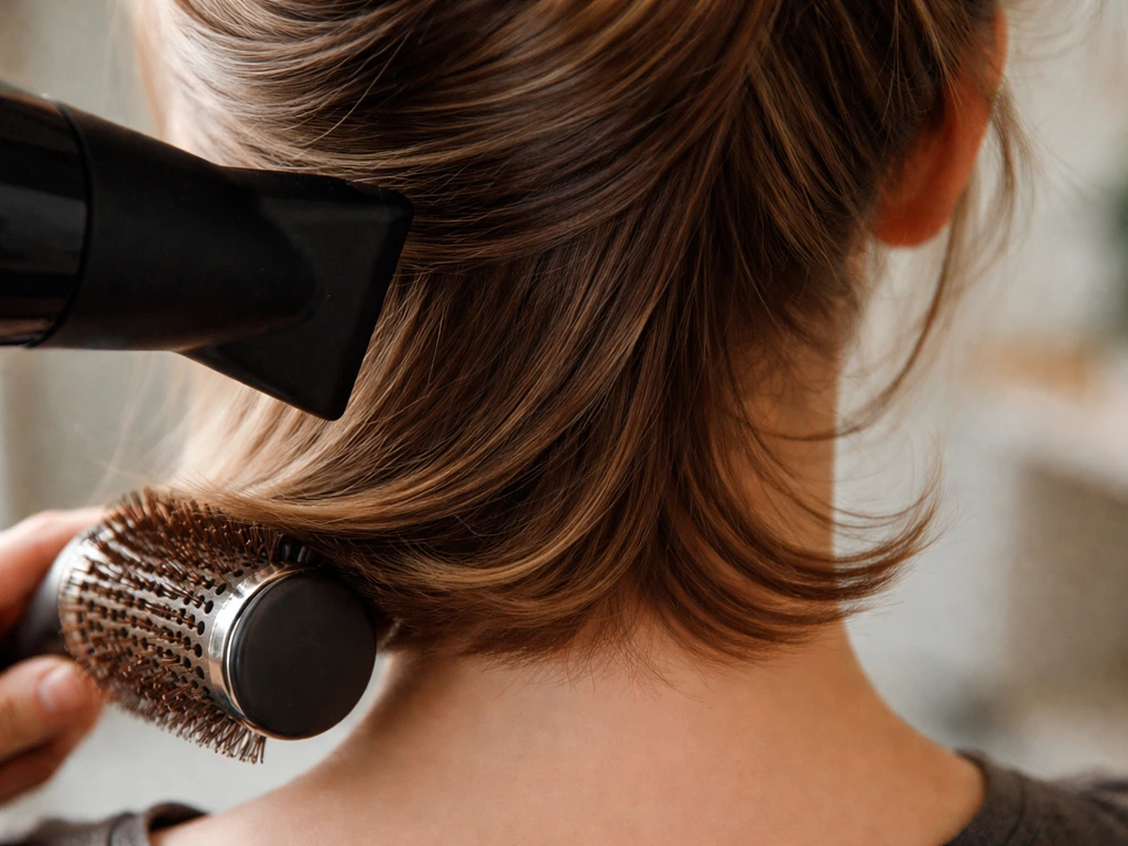 Close-up blow-drying the neckline with a concentrator nozzle to create a subtle outward hair flip.