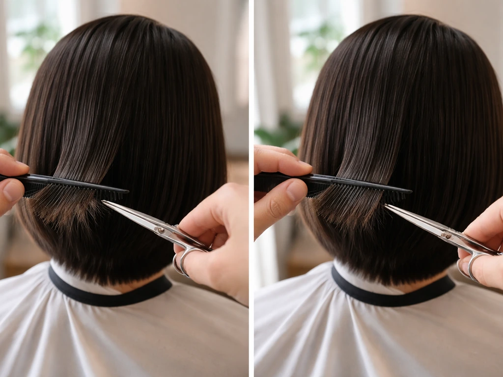Barber trims only damaged split ends on back hair using a fine comb guide over a salon cape.