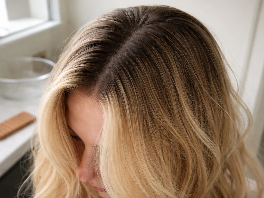 Close-up of blonde hair grow-out at the roots blending naturally into lighter lengths.