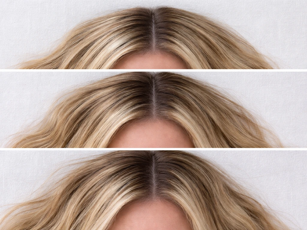 Blonde hair grow-out stages showing short regrowth, awkward length, and longer regrowth on a neutral background.