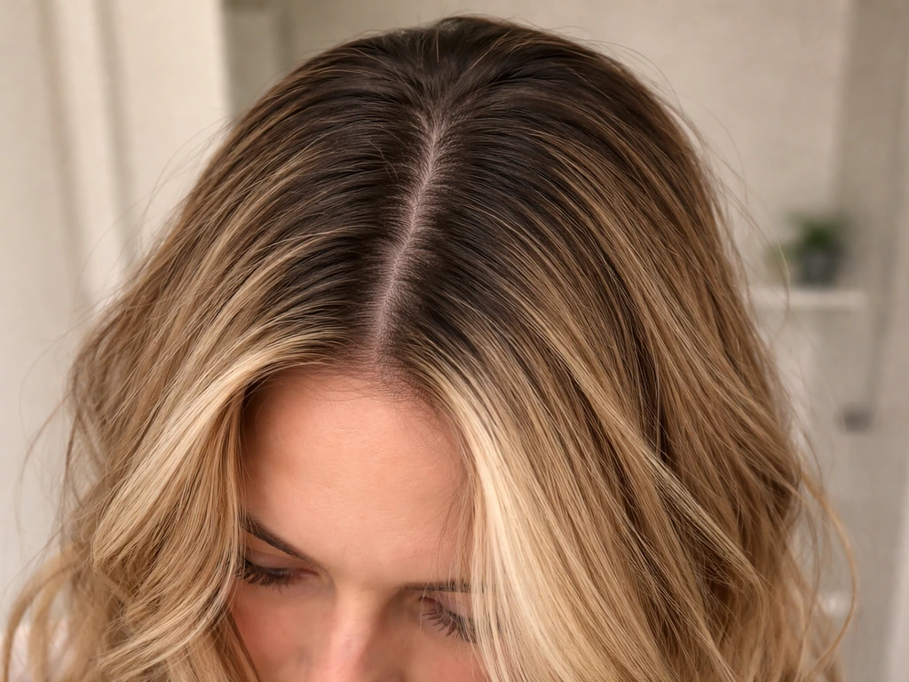 Close-up of regrowth hair showing a clear root-to-blonde line with loose waves styled to blend