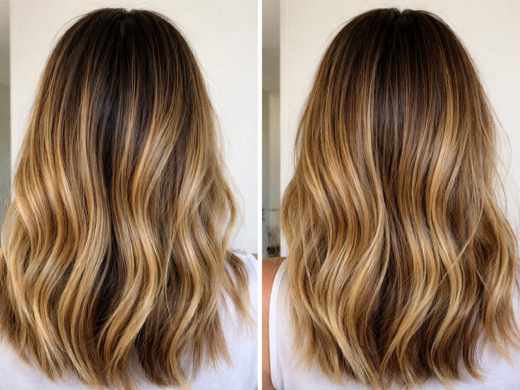 Back view of hair showing earlier vs later grow-out: darker roots down, highlights blend more on the right.