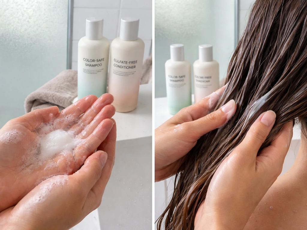 Hands squeezing sulfate-free shampoo and conditioning hair in a clean bathroom with bottles on the sink.