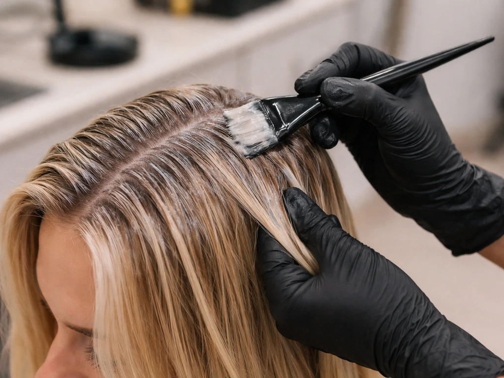 Gloved hands apply salon toner to roots and mid-lengths with a tint brush for even coverage.