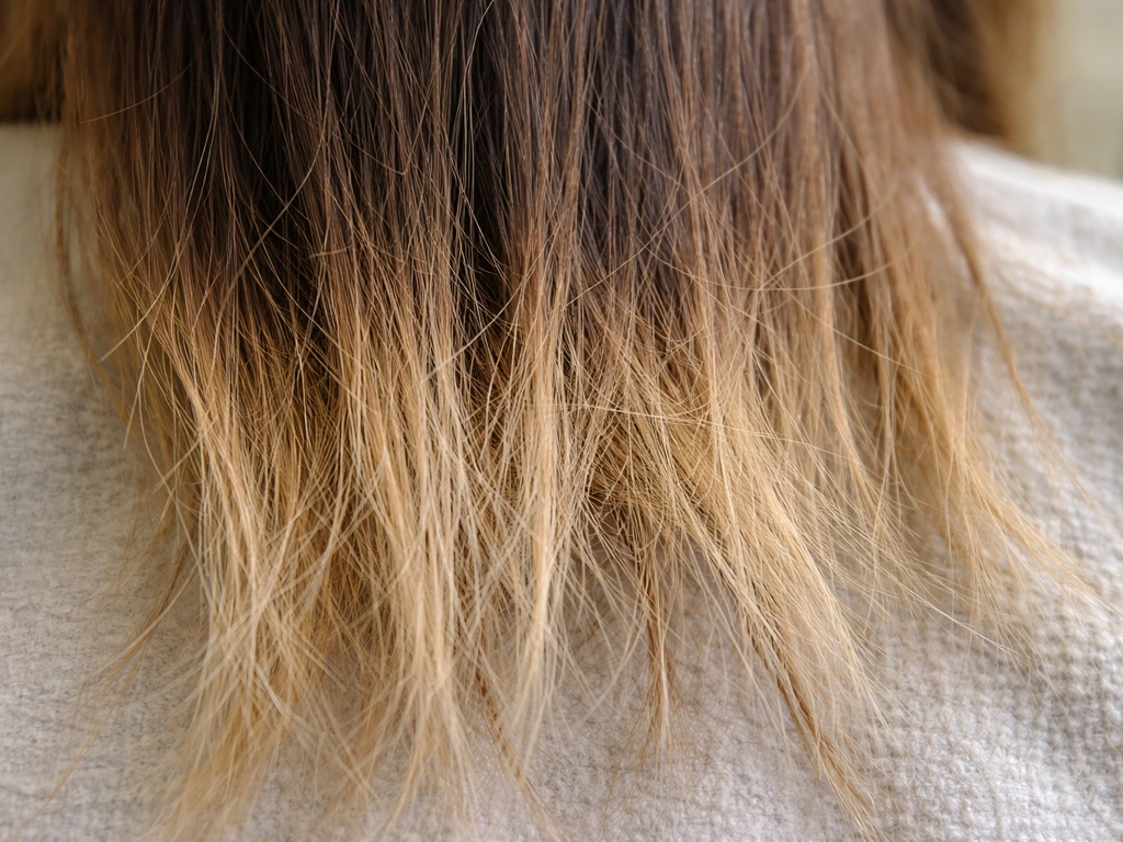 Close-up of hair strands with uneven, damaged breakage at the demarcation between highlighted ends and regrowth.