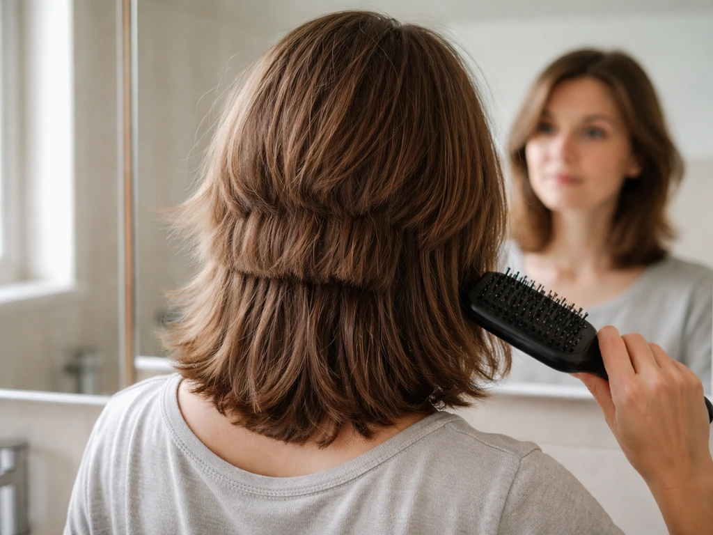 Close-up of hair grow-out lengths from ear to shoulder, brushing in front of a mirror.
