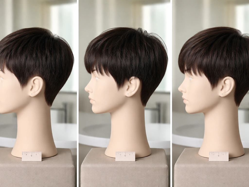 Three-step progression of short hair length with subtle blending in a simple bathroom setting