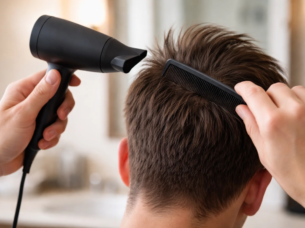 Close-up of blow-drying short hair in multiple directions while combing to tame cowlick flyaways.