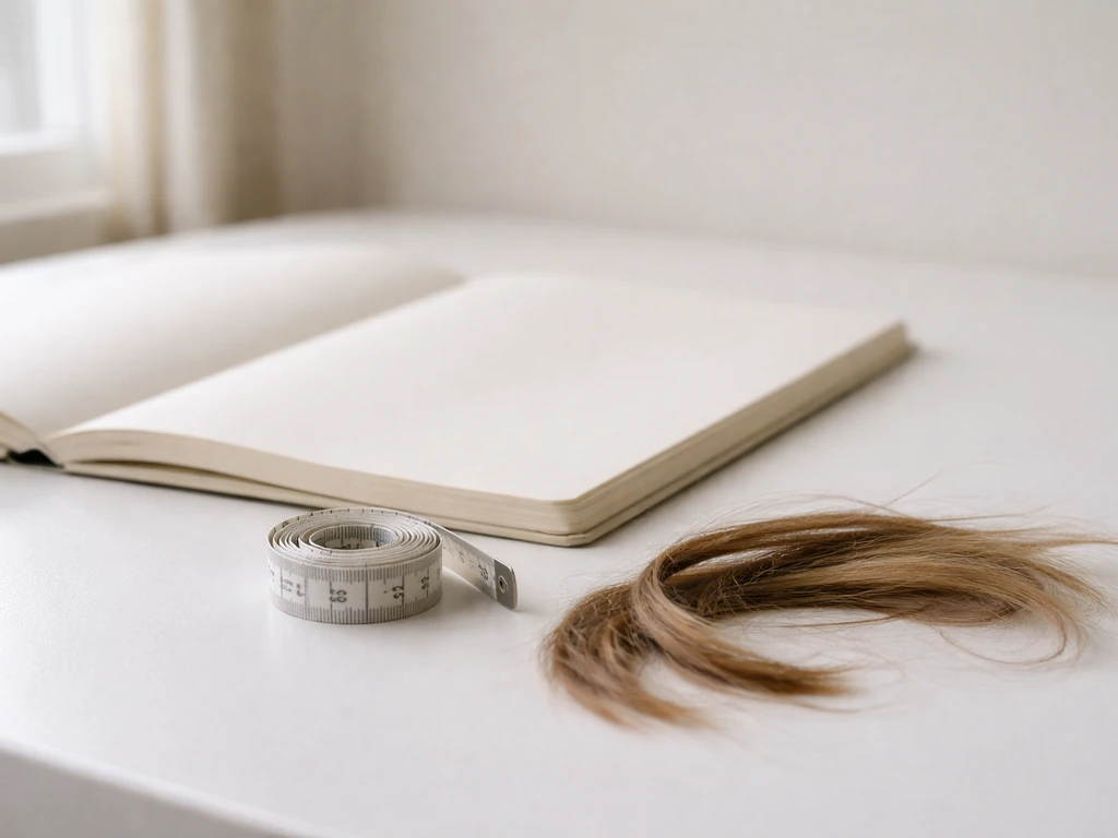 Measuring tape and a few hair strands on a desk, symbolizing hair-growth timelines without any text.
