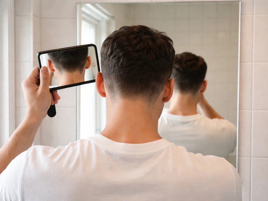 Person using a front mirror and a hand mirror behind their head to check the nape and undercut height
