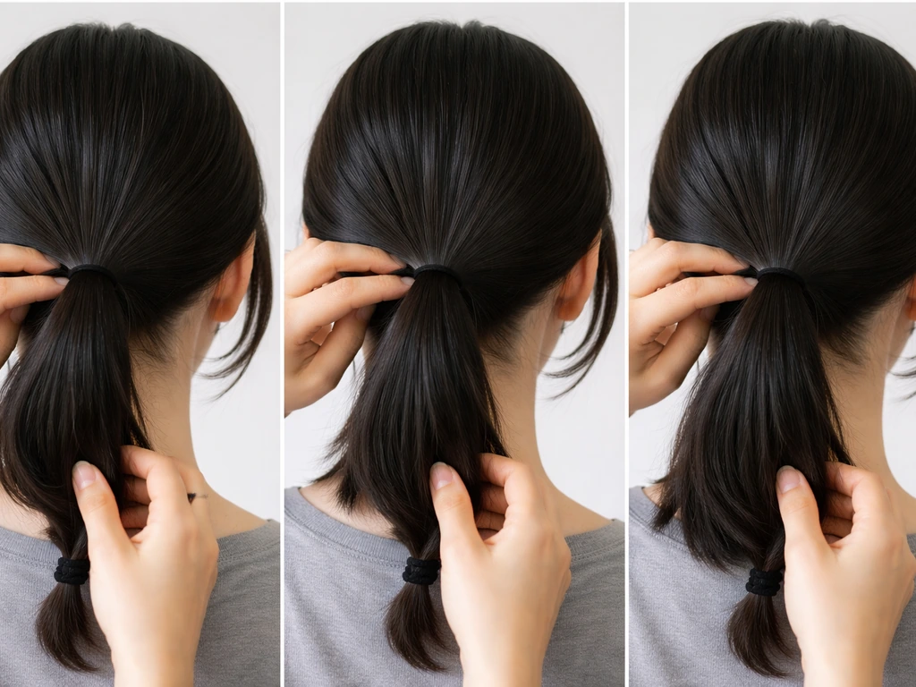 Closeup of hands styling a low ponytail and braid, showing nape hair gradually covering the undercut.