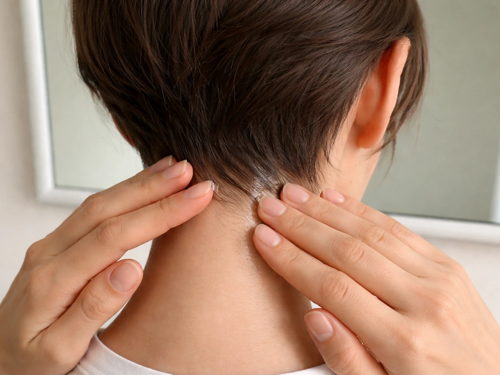 Hands applying hair styling product at the nape to smooth a neckline and prevent flipping