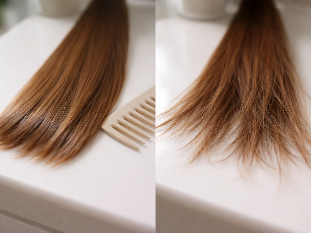 Close-up of hair strands: glossy healthy ends next to frayed split ends, with a wide-tooth comb nearby.