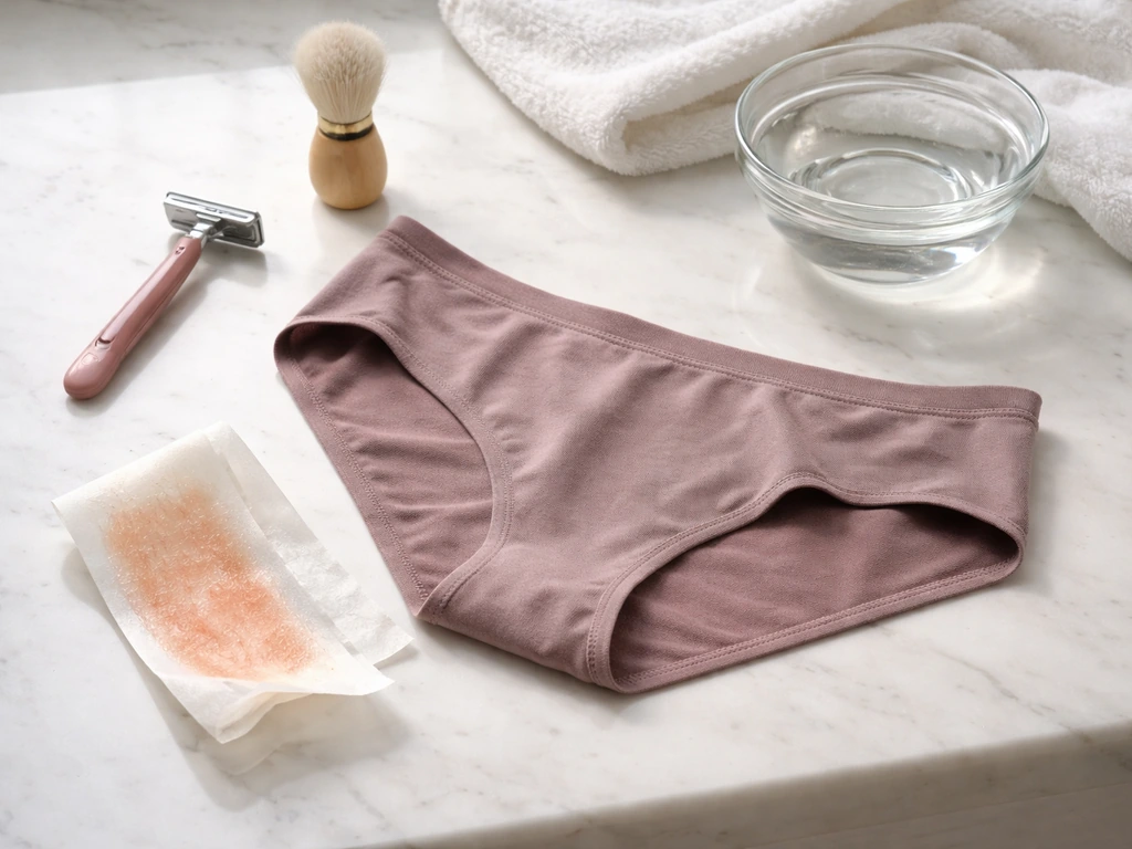 Bathroom scene with shaving items, tight underwear fabric cues, and a waxing strip suggesting irritation and friction.