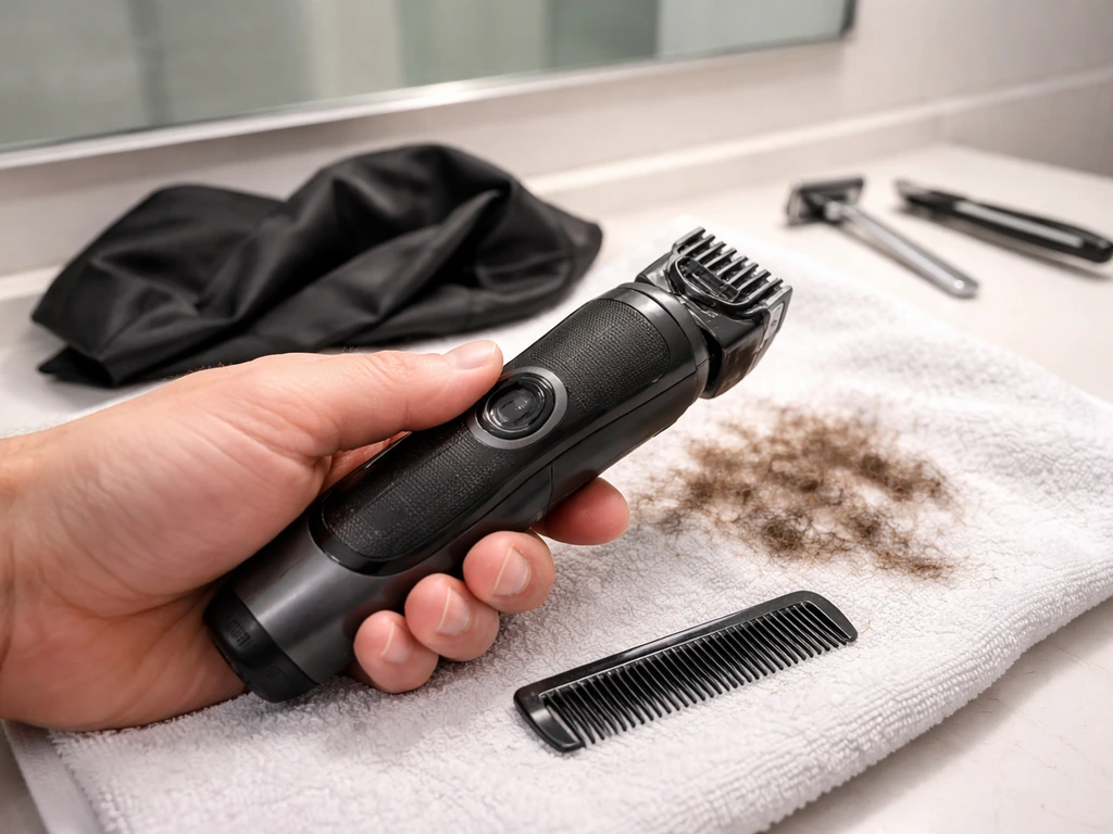 Hand holding an electric body trimmer with guard while grooming hair, with a nearby safety razor turned aside
