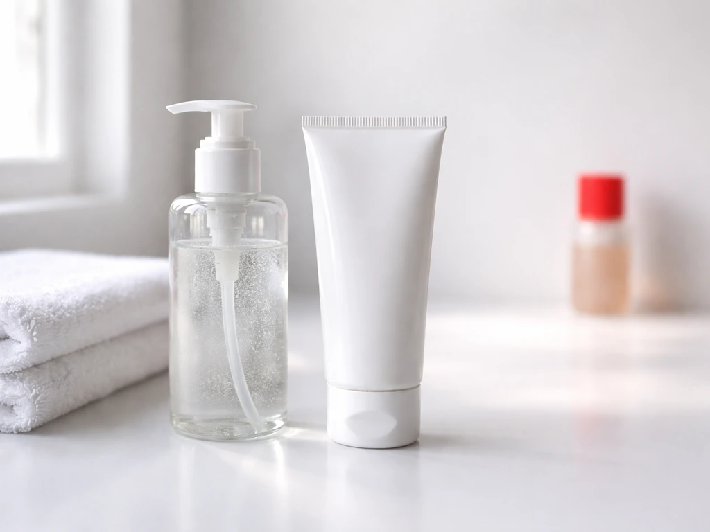 Fragrance-free cleanser and unscented barrier cream side-by-side with a clearly separated “skip” product area.