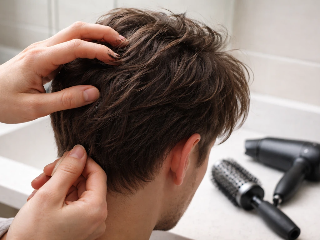 Hands texture short hair with wax while blow-dryer and round brush sit nearby in a minimal bathroom scene.