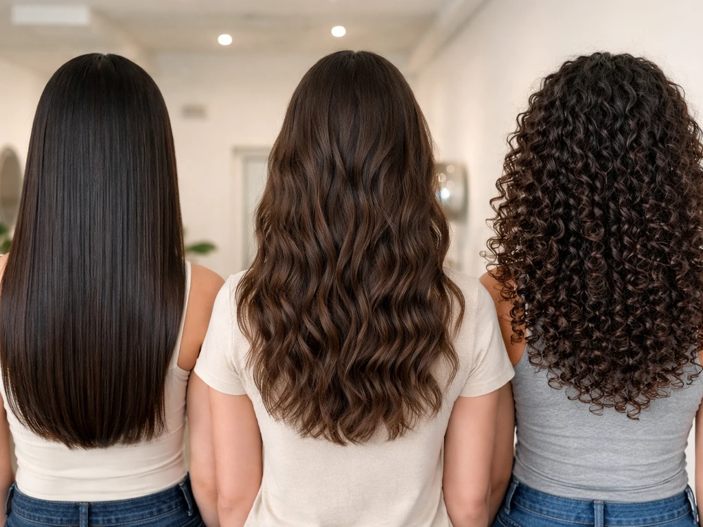 Three anonymous people showing straight, wavy, and curly hair textures in simple salon lighting.