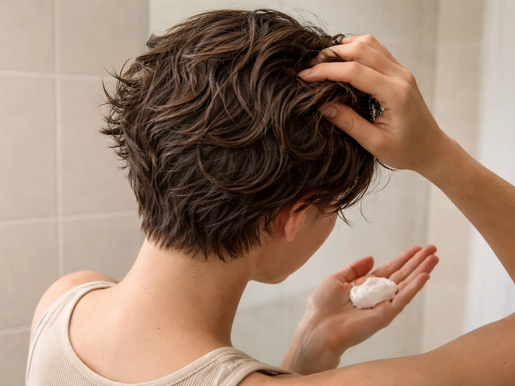 Anonymous person scrunching short wavy hair with curl cream to define waves in a bathroom.