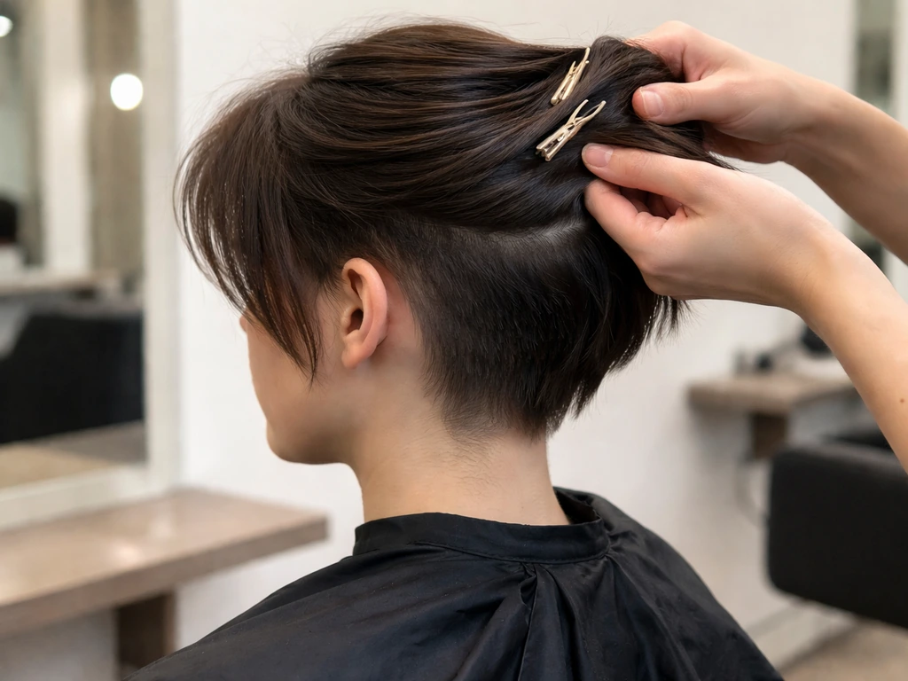 Hairdresser redirecting top hair downward with clips while side undercut grows out, minimal salon setting