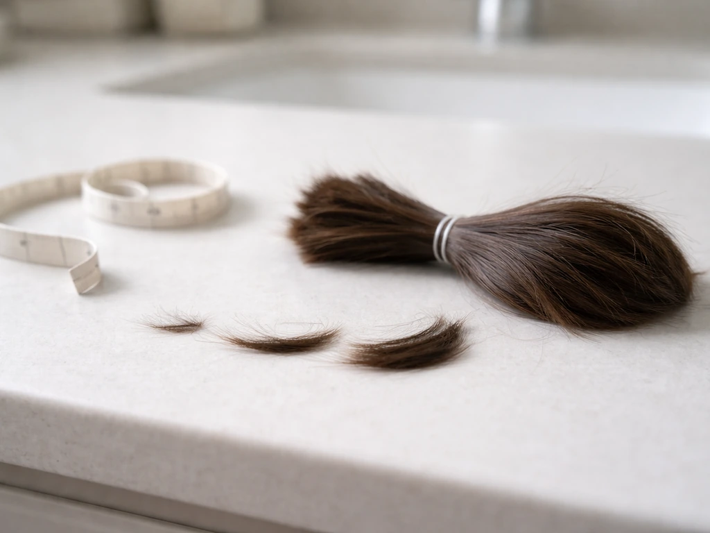 Minimal photo showing a hair-growth milestone vibe with a small strand and a soft ruler-like measuring context.