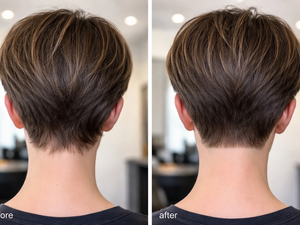 Split-view of a pixie haircut neckline and nape area: messy before on left, neatly cleaned on right.