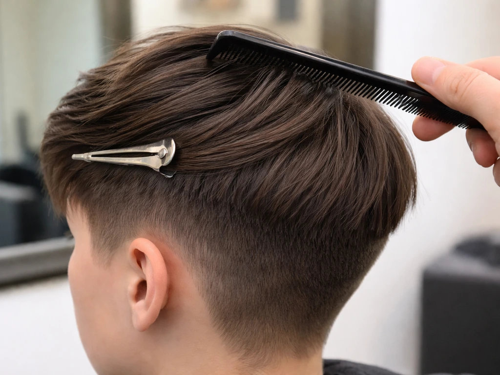 Close-up of a pixie haircut showing longer top vs shorter sides, with comb and clip in frame.