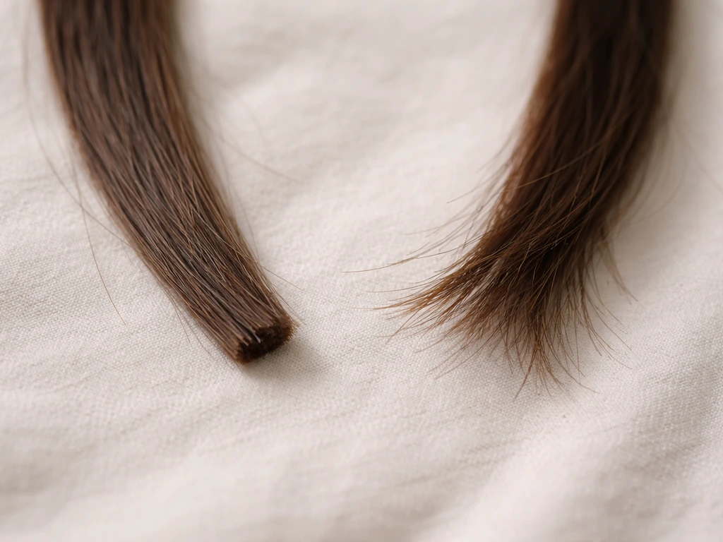 Close-up of two gently pulled hair strands showing intact ends versus visibly broken, frayed ends.