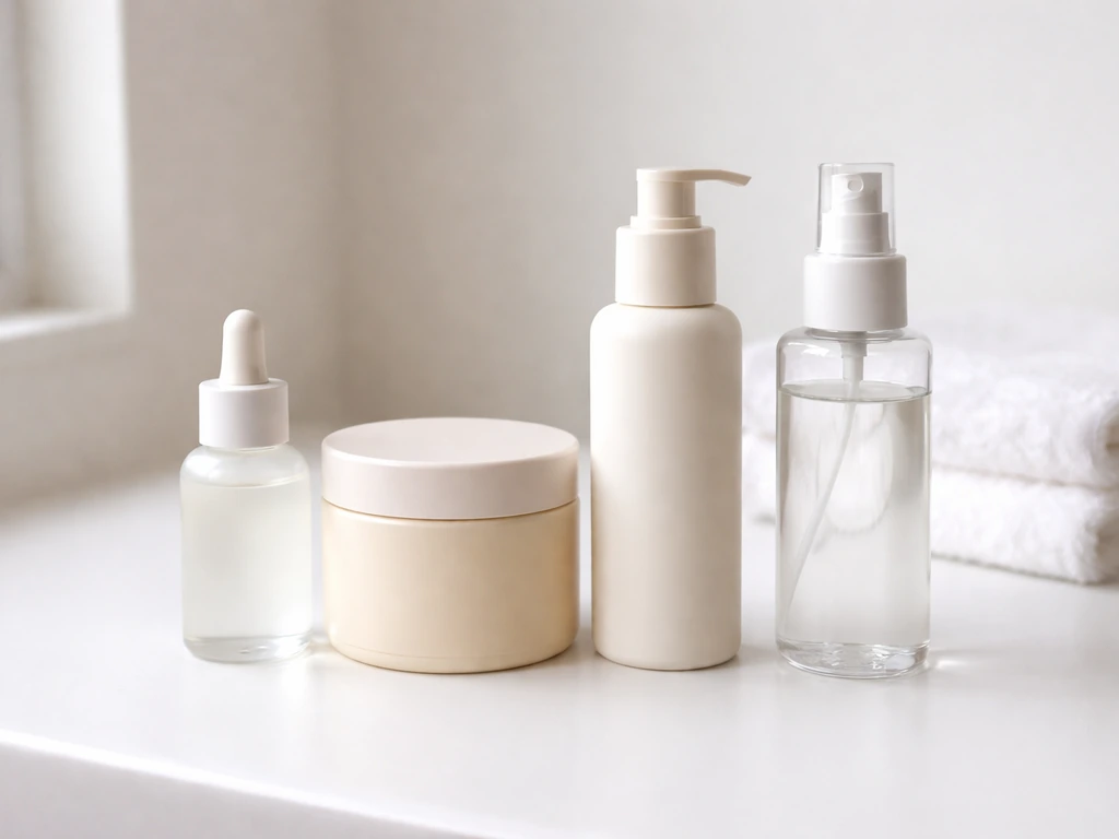 Four generic hair treatment products laid out on a white bathroom counter under natural light.