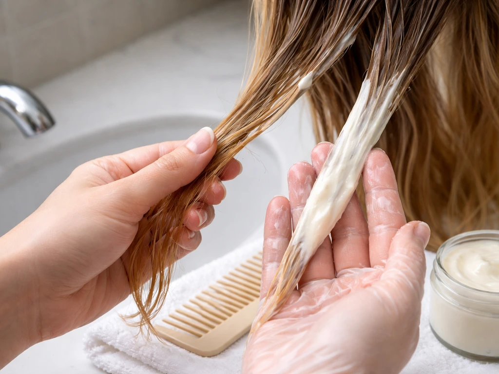 Hands applying a thick hair mask to face-framing strands with towel, comb, and jar nearby.